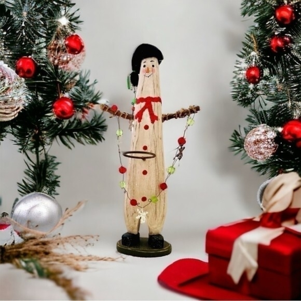 Snowman Candle Holder 16.5" Wood Santa Hat Figurine Christmas Decor Very Good